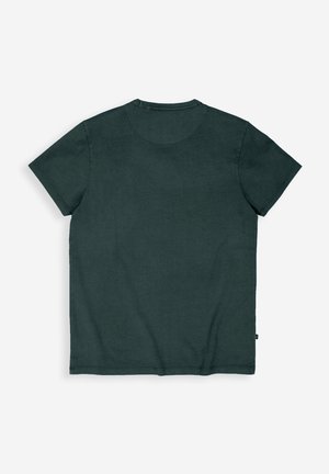 T-shirt à manches courtes vert foncé en tissu doux et texturé. Doté d'un col rond et de détails de couture minimalistes.