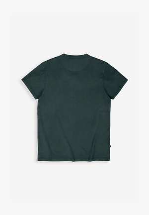 Dunkelgrünes T-Shirt mit kurzen Ärmeln aus weichem, strukturiertem Stoff. Es hat einen runden Ausschnitt und minimale Nähedetails.