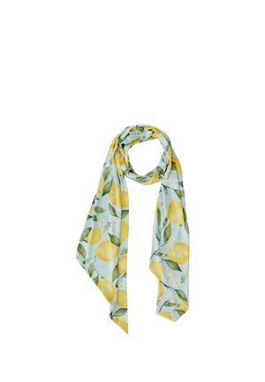 Hellblauer Schal mit gelben Zitronen und grünen Blättern gemustert, locker gewickelt mit zwei herabhängenden Enden.