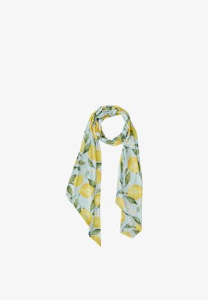Hellblauer Schal mit gelben Zitronen und grünen Blättern gemustert, locker gewickelt mit zwei herabhängenden Enden.