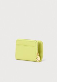 Vaalea vihreä nahkalompakko, jossa on ulkopuolinen tasku ja kultainen vetoketju pyöreällä vetonupilla. Esitetty suljettuna yksinkertaisella valkoisella taustalla.