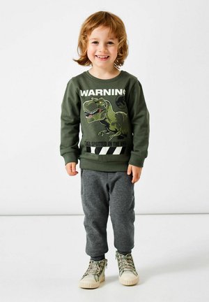 Felpa verde con grafica di un dinosauro e testo, abbinata a pantaloni della tuta grigi e sneakers beige. Presenta un colletto e polsini a coste.