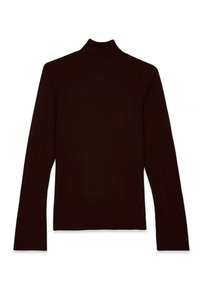 Brauner Rollkragenpullover aus einem weichen Strickmaterial. Verfügt über lange Ärmel, eine taillierte Passform und gerippte Bündchen sowie einen gerippten Saum.