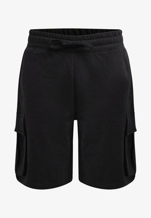 Pantaloni cargo neri realizzati in tessuto morbido, con vita regolabile tramite cordoncino, due tasche laterali e una vestibilità comoda. Nessun motivo o dettaglio decorativo.