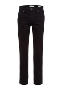 Pantalones de mezclilla negros con un diseño de pierna recta, que cuentan con cinco bolsillos, un cierre de botón frontal y detalles de costura sutiles.