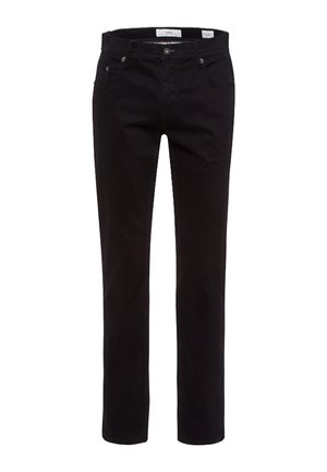 Czarne dżinsy o prostym kroju nogawki, z pięcioma kieszeniami, z przodem zapinanym na guzik oraz subtelnymi detalami przeszycia.
