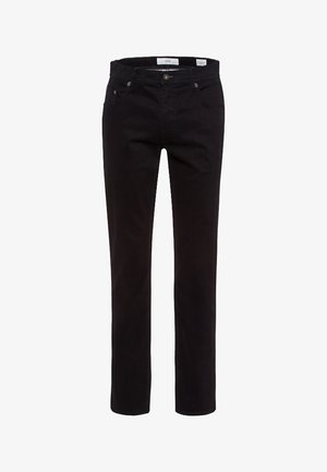 Czarne dżinsy o prostym kroju nogawki, z pięcioma kieszeniami, z przodem zapinanym na guzik oraz subtelnymi detalami przeszycia.