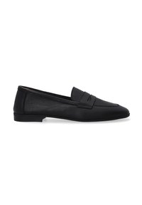 Sorte læder loafers med en lav hæl, der har en rund tå og vandret accentdetalje på overdelen. Glat tekstur, enkelt design.