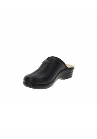 Zoccolo in pelle nera con punta rotonda, texture liscia e un leggero tacco. Presenta un dettaglio cucito lungo la parte superiore per un tocco di design in più.