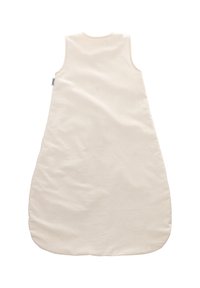 Ärmelloser Schlafsack aus hellem Creme-Stoff mit glatter Textur; ovale Form mit abgerundetem Boden und ohne sichtbare Muster oder Beschläge.