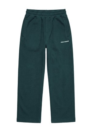 Dunkelgrüne Sweatpants mit einer vertikalen Seitentasche und weißem, nahe der Tasche gesticktem PEGADOR-Logo, kombiniert mit einem hellgrauen Oberteil.