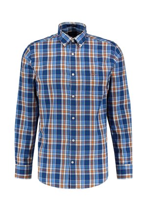 Blaues, weißes und orange kariertes Langarm-Hemd mit Knopfleiste, Brusttasche und Button-Down-Kragen.