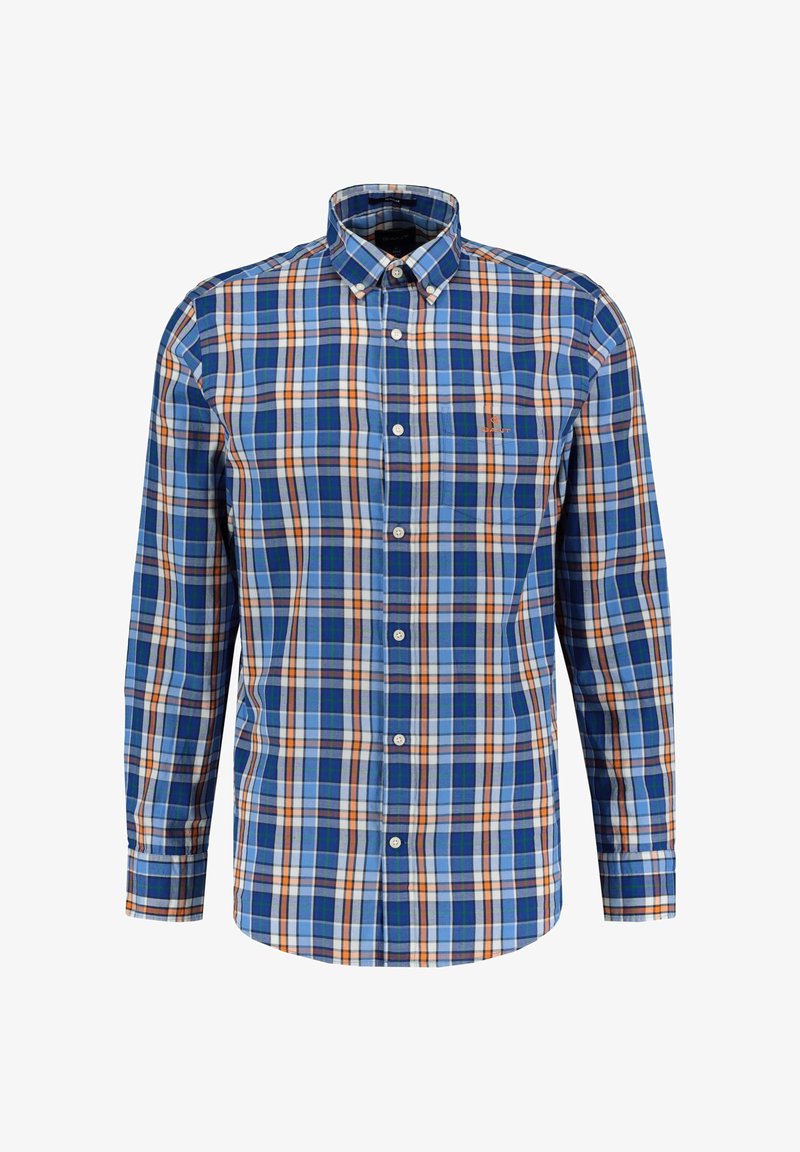 Chemise à manches longues à carreaux bleu, blanc et orange, avec une poche poitrine et un col boutonné.