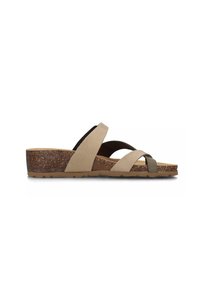 Sandalo con zeppa beige, dotato di cinturini incrociati in suede, con una soletta in sughero e suola in gomma, caratterizzato da un tacco leggero per un supporto extra.