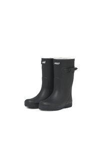 Bottes en caoutchouc noires avec une texture lisse, un bout arrondi et un accent de boucle sur le côté, avec une doublure chaude à l'intérieur.