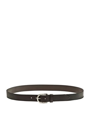 Brown leather belt with a smooth texture, featuring a silver metal buckle and five holes for adjustable sizing. Flat and simple design.