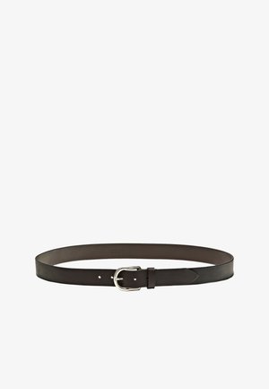 Brown leather belt with a smooth texture, featuring a silver metal buckle and five holes for adjustable sizing. Flat and simple design.
