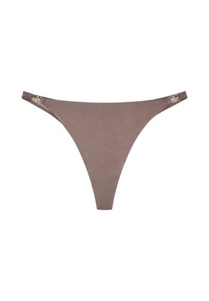 Brown thong underwear with smooth fabric, minimalist design, and gold-tone hardware accents on the sides.
