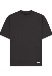 Zwarte katoenen t-shirt met een ronde hals, korte mouwen en een klein logo detail op de zoom. Eenvoudig, effen kleur zonder patronen.