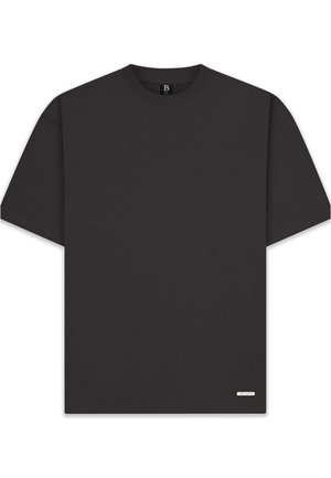 Black cotton t-shirt with a round neck, short sleeves, and a small logo detail on the hem. Simple, solid color with no patterns.