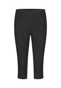 Juodos trumpintos legging'os, pagamintos iš tamprios medžiagos, pasižyminčios lygiu paviršiumi ir šoninėmis užtrauktukų detalėmis apvaduose, kad būtų užtikrintas papildomas funkcionalumas.