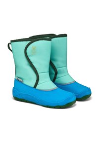 Kinder-Winterstiefel in leuchtendem Blau und Türkis mit dunkelgrünen Akzenten und Gummisohlen, die ein kleines Bärenlogo an der Seite tragen.