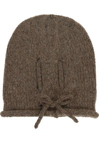 Berretto in lana marrone lavorato a maglia con texture a coste, dotato di orlo arrotolato e dettaglio a fiocco legato nella parte anteriore.