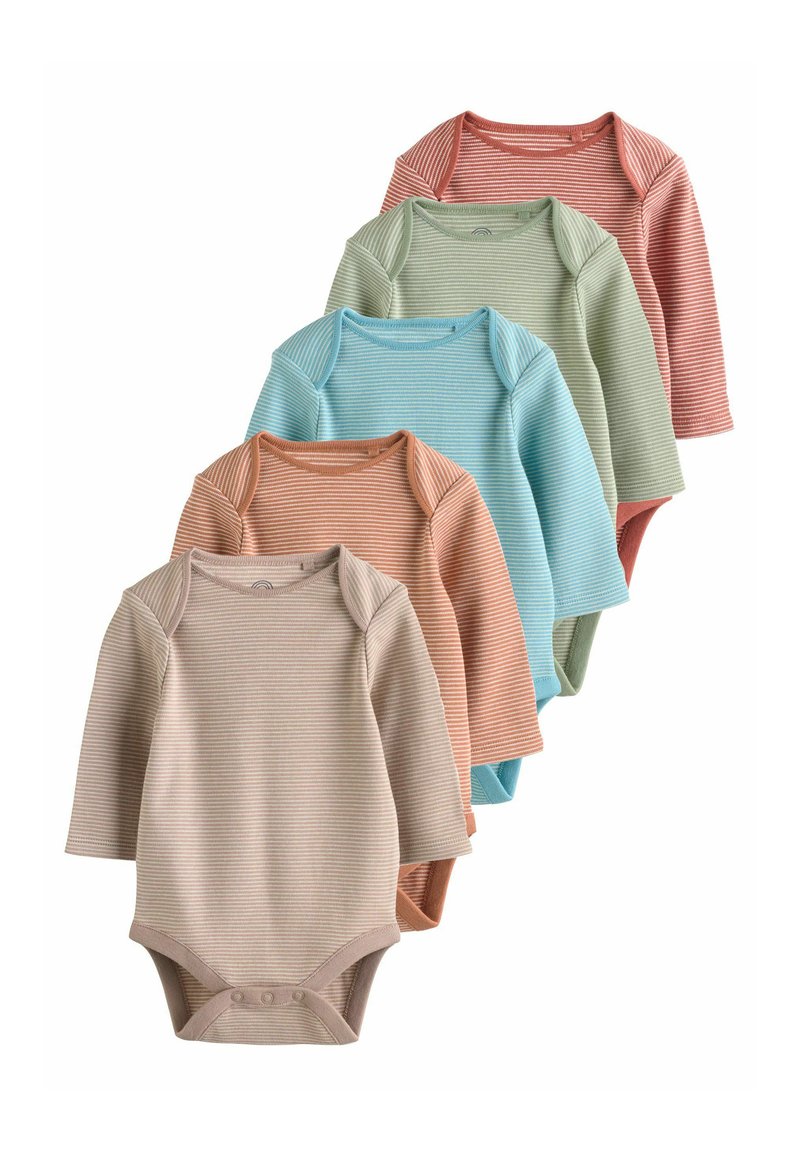 Fem långa ärmar bodysuits för spädbarn i mjuk bomull med lätta ränder. Färgerna inkluderar beige, orange, grön, blå och röd.