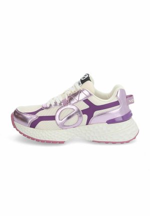Athletic sneaker with a white mesh upper, metallic lavender accents, purple lines, and a textured white sole with pink details.