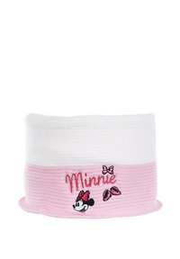 Berretto lavorato a maglia bianco e rosa. Presenta il nome "Minnie" ricamato in filo rosa con un fiocco e un ricamo del personaggio sulla fascia rosa.