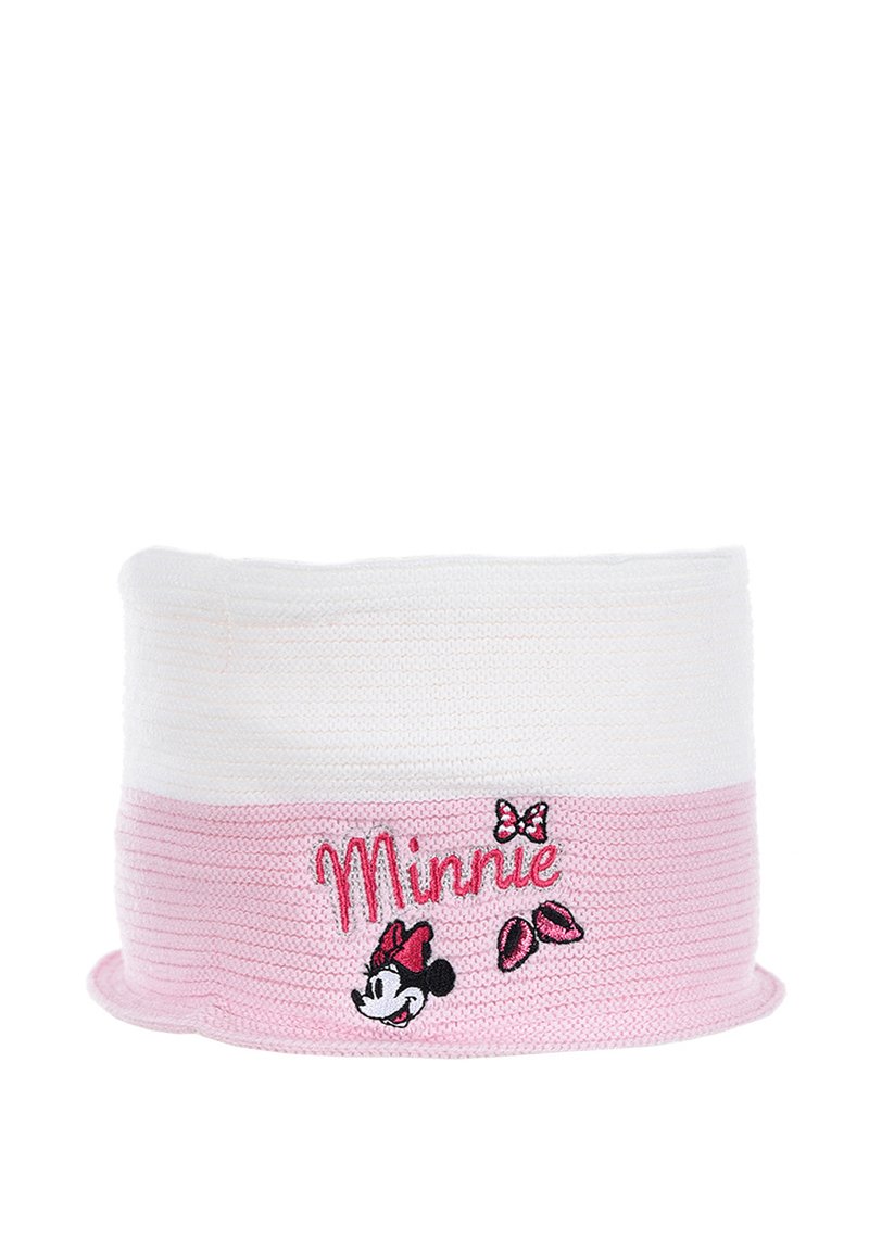 Berretto lavorato a maglia bianco e rosa. Presenta il nome "Minnie" ricamato in filo rosa con un fiocco e un ricamo del personaggio sulla fascia rosa.