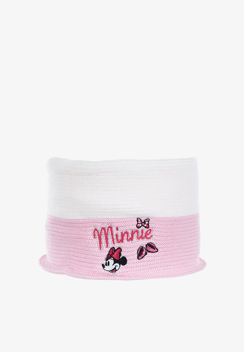 Berretto lavorato a maglia bianco e rosa. Presenta il nome "Minnie" ricamato in filo rosa con un fiocco e un ricamo del personaggio sulla fascia rosa.