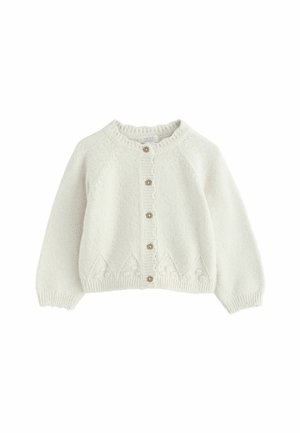Weißer gestrickter Cardigan mit Rundhalsausschnitt, der eine durchgehende Knopfleiste, ein strukturiertes Muster sowie gerippte Bündchen und Saum aufweist.