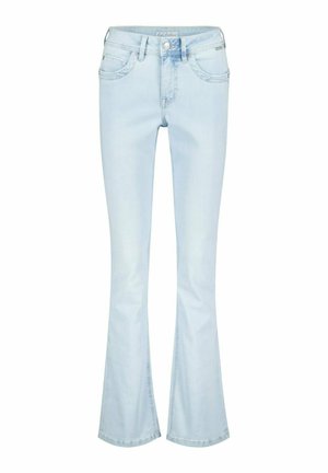 Lichtblauwe denim spijkerbroek met een middenhoogere taille en licht uitlopende pijpen, voorzien van voor- en achterzakken en een knoopsluiting.