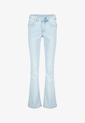 Lichtblauwe denim spijkerbroek met een middenhoogere taille en licht uitlopende pijpen, voorzien van voor- en achterzakken en een knoopsluiting.