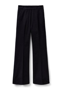 Wide-leg black trousers made from soft cotton fabric, featuring a classic waistband, side pockets, and clean hem detailing.