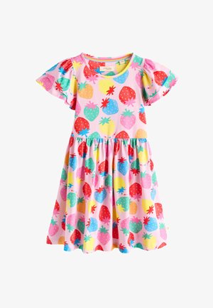 Roze meisjesjurk met korte mouwen met kleurrijke aardbeienprints overal en een geplooide taille.