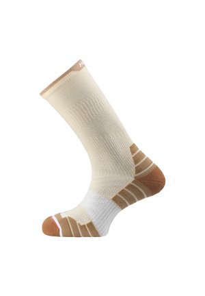 Beige and brown athletic sock with white and tan stripes, shown on a foot form against a white background.