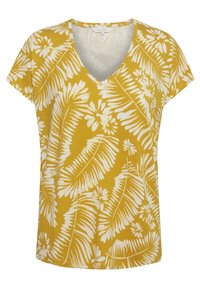 Keltainen lyhythihainen V-kauluspaita, jossa on valkoisia kukka- ja lehtikuvioita. Pehmeä kangas, jossa rento istuvuus.