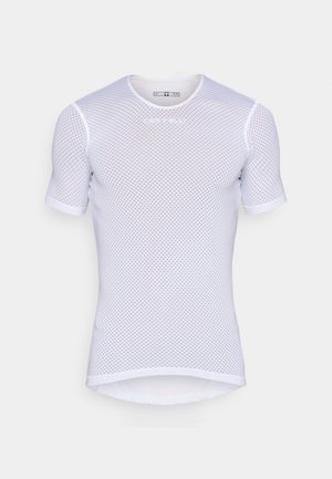 Biała koszulka z krótkim rękawem z siateczki z okrągłym dekoltem, charakteryzująca się oddychającą strukturą i subtelnym logo marki na piersi.