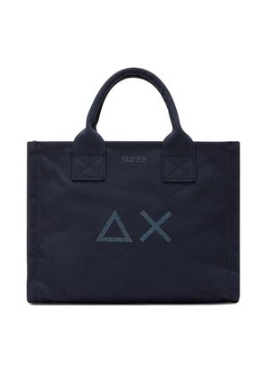 Borsa a mano rettangolare blu navy con due manici, con simboli a triangolo e croce cuciti e piccolo testo del marchio "SUN68" sul davanti.