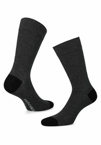 Skarpetki w kolorze węgla, wykonane z drobno dzianego materiału, z prążkowanymi mankietami, kontrastowymi czarnymi piętami i palcami oraz logiem marki po boku.
