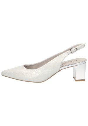 White slingback heel with a textured, embossed surface. Features a pointed toe and a block heel with a shiny silver accent.