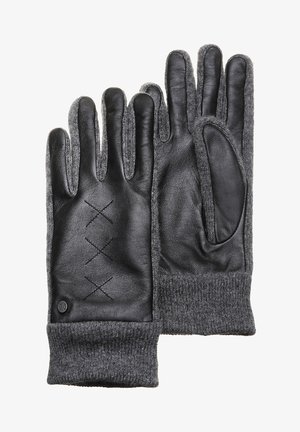 Černé kožené rukavice s šedými pletenými manžetami, s křížovým stehem na dlaních. Texturovaná kůže a hladká pletenina.