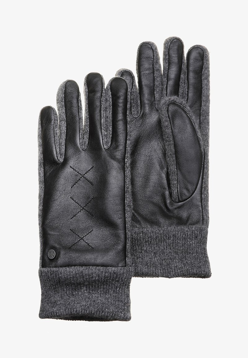 Juodi odiniai pirštinės su pilkais megztais manžetais, turinčiais kryžminį siuvinėjimą delnuose. Struktūrizuota oda ir lygi megzta medžiaga.