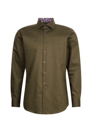 Camicia a maniche lunghe verde oliva con colletto a motivo floreale, chiusura con bottoni, tasca sul petto e una leggera lucentezza.