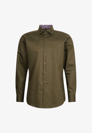 Camicia a maniche lunghe verde oliva con colletto a motivo floreale, chiusura con bottoni, tasca sul petto e una leggera lucentezza.
