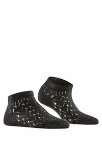 Schwarze Knöchelsocken mit einem gestrickten Muster, das offene Designs und einen gerippten Bund aufweist, hergestellt aus einem weichen, strukturierten Material.