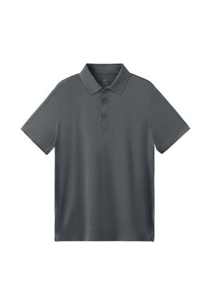 Temno siva polo majica kratkih rokavov z ovratnikom in trirazporednim zapenjanjem na gumbe, prikazana na belem ozadju.