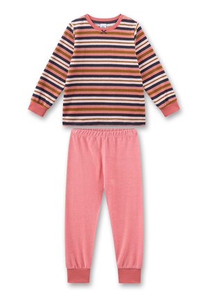 Kinder-Pyjama-Set mit langärmeligem Oberteil mit horizontalen Streifen in Pink, Braun, Schwarz und Weiß und Hose mit elastischem Bund in Pink.